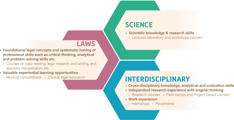 “You will be learning scientific knowledge & research skills via lectures, laboratory and workshops courses; foundational legal concepts and systematic honing of professional skills such as critical thinking, analytical and problem-solving skills, etc. through courses on case reading, legal research and writing, and statutory interpretation, etc., and gaining valuable experiential learning opportunities by mooting competitions and clinical legal education; you will also be obtaining cross-disciplinary knowledge, analytical and evaluation skills, independent research experience with original thinking via research courses, field camps and project-based courses, and gaining work experience with internship and placements.”
